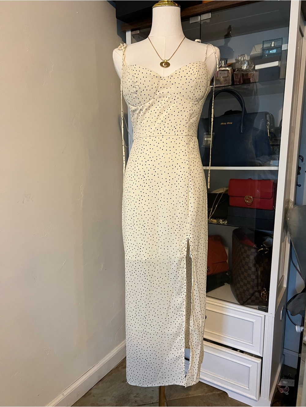 Cream Polka Dot Midi Dress with Side Slit